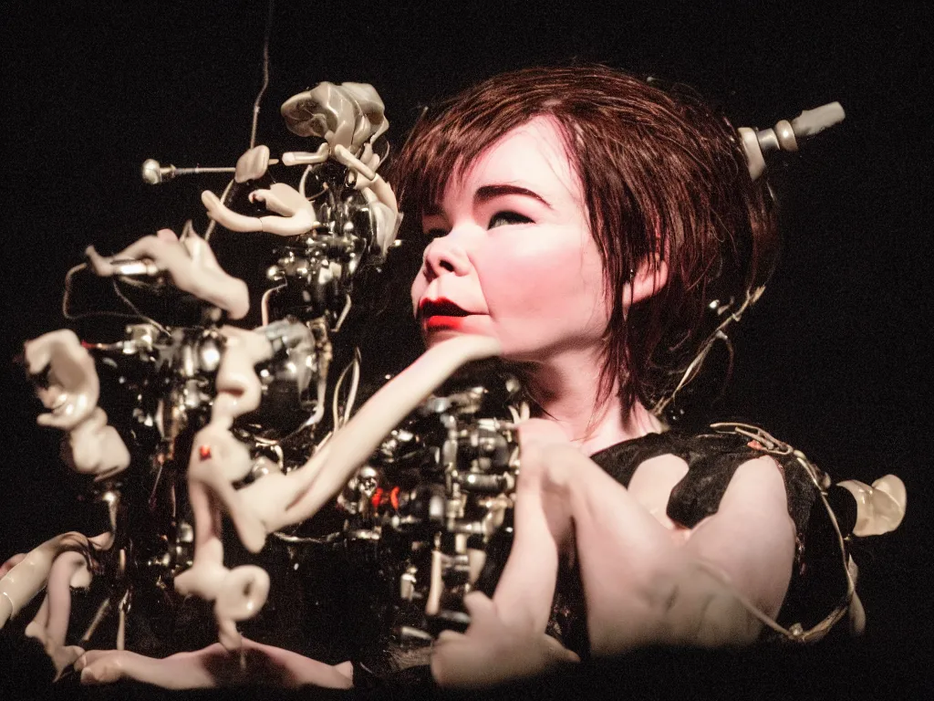 Prompt: a cinematic film still of a claymation stop motion film, bjork in concert, shallow depth of field, 8 0 mm, f 1. 8