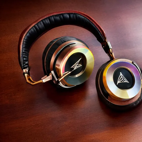 Image similar to masterpiece photo of beautiful crafted artistic bismuth metal headphones, bismuth rainbow metal, bismuth cups, leather padding, displayed on mahogany desk, modernist headphones, bismuth headphones beautiful well designed, hyperrealistic, audiophile, intricate hyper detail, extreme high quality, photographic, audeze, sennheiser, hifiman, artstation, abyssal audio