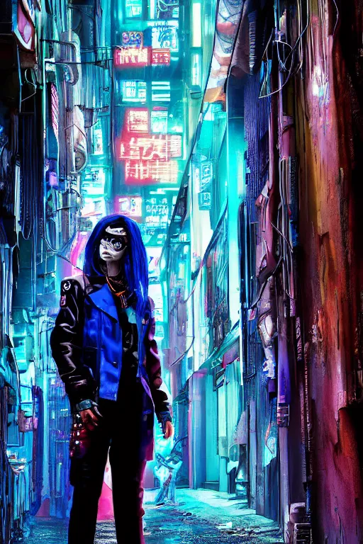 Prompt: cyberpunk personage in a punk rock suit standing in the middle of the alley by alexander holllow fedosav, fantasy cityscape alleyway digital portrait painting, cyberpunk wallpaper, diffused lighting, with red and blue neon lighting, fog, trash and dumpsters in the alley, made by tae young choi and dang my linh, 8 k dop dof hdr,