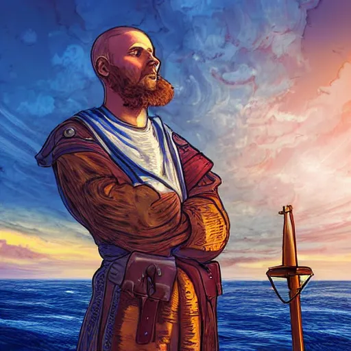 Prompt: portrait of a medieval ship pilot on a ship looking into the sunset on the sea, wearing breastplate, digital art, bokah, high fantasy art style