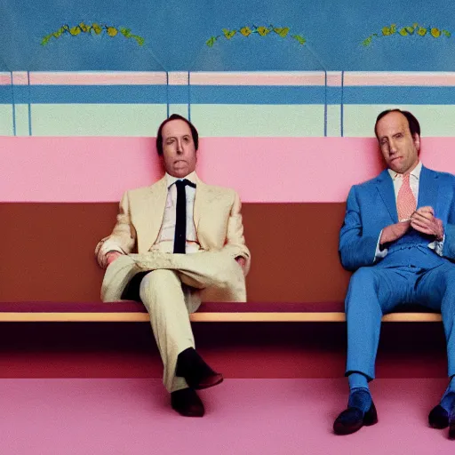 Image similar to Still frame of Saul Goodman in a Wes Anderson movie, symmetrical framing, long shot, pastel colors