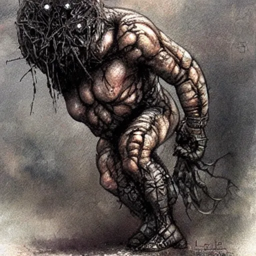 Image similar to Golem with a 12 sided dice as head. Dark Fantasy, concept art, art by Luis Royo