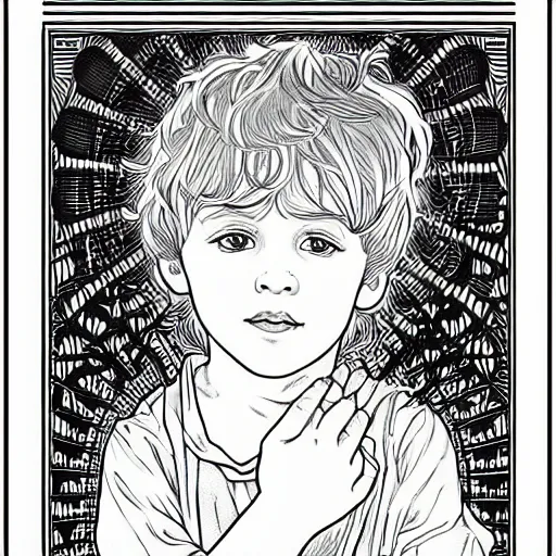 Image similar to clean simple line art of a little boy with short hair. no background. plain white background. well composed, clean coloring book page, beautiful detailed face. coloring book line art by greg rutkowski and johanna basford and alphonse mucha