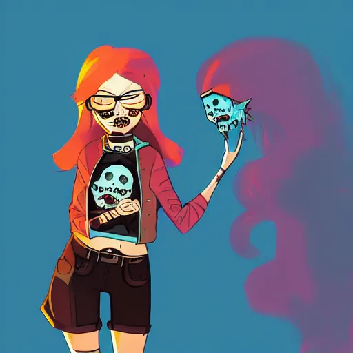 Image similar to Digital portrait of a cartoon punk zombie young lady by Atey Ghailan, by Loish, by Bryan Lee O'Malley, by Cliff Chiang, ((dark blue moody background))