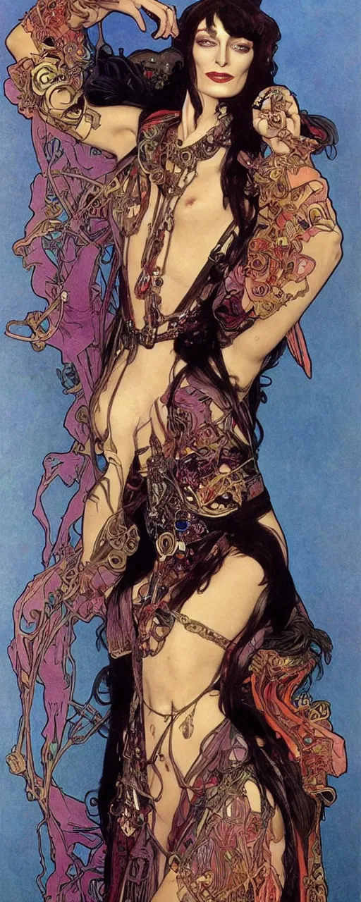 Image similar to striking sensual colorful art nouveau style portrait of anjelica huston as an industrial leatherpunk rebel commander by glenn fabry, simon bisley and alphonse mucha, photorealism, extremely hyperdetailed, perfect symmetrical facial features, perfect anatomy, ornate declotage, spikes, latex, excited expression, wild eyes