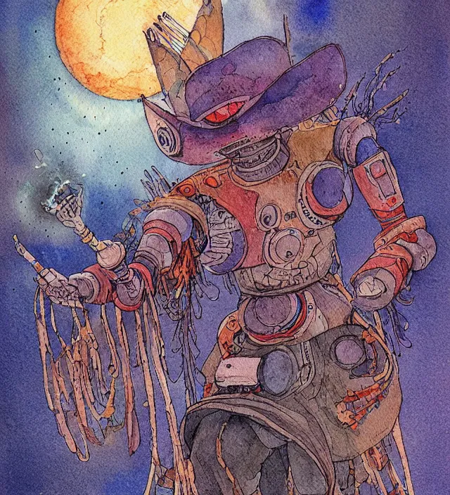 Prompt: a 3 / 4 view watercolor ink painting of a robot shaman / wizard casting a spell in the style of jean giraud in the style of moebius trending on artstation deviantart pinterest detailed realistic hd 8 k high resolution