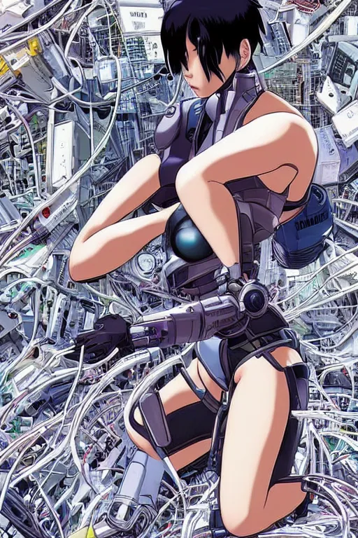 Image similar to coherent motoko kusanagi kneeling on a white in style of masamune shirow, empty floor, with a mess of wires and cables coming out of her head and backside, by Yukito Kishiro and katsuhiro otomo, illustration, cyberpunk, hyper-detailed, colorful, complex, intricate, masterpiece, epic