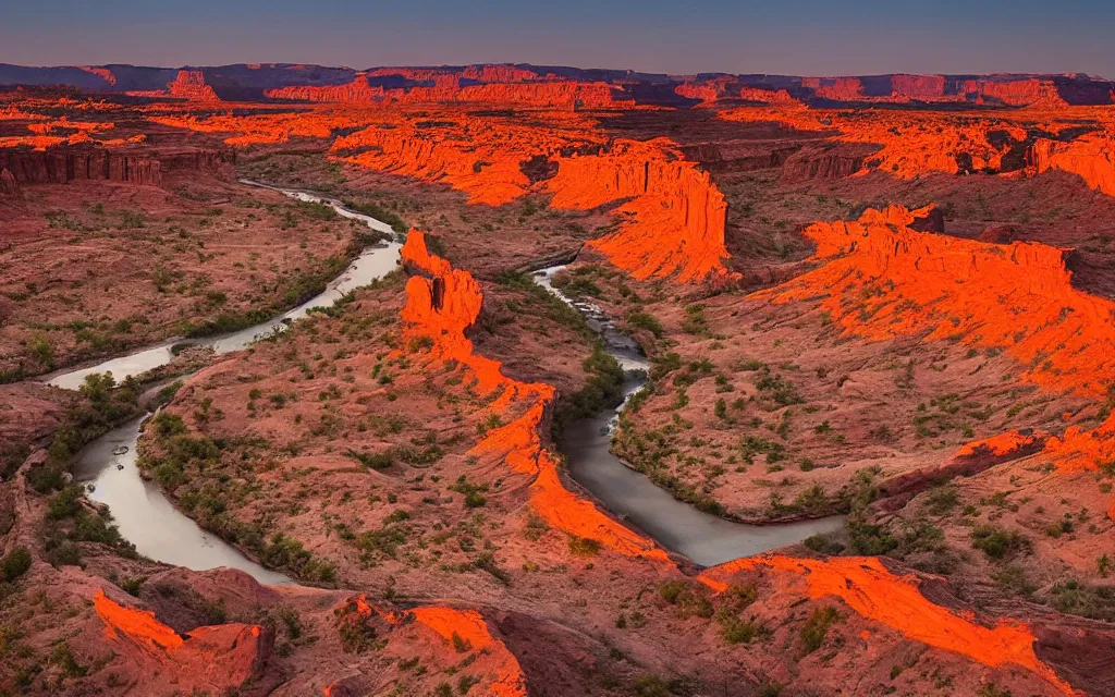 Image similar to “a dried up river bend running through a canyon surrounded by desert mountains at sunset, moab, utah, a tilt shift photo by Frederic Church, trending on unsplash, hudson river school, national geographic photo”