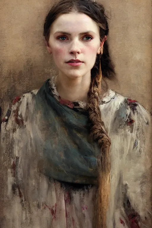 Image similar to Richard Schmid and Jeremy Lipking and Antonio Rotta full length portrait painting of a young beautiful traditonal viking woman