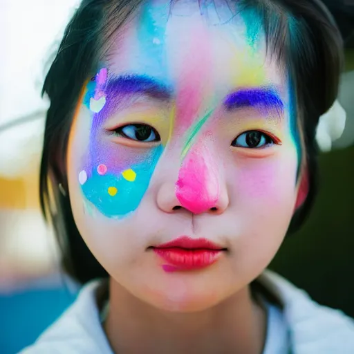 Prompt: A portrait of a korean girl who has face-painting like a clown. Depth of field. Lens flare