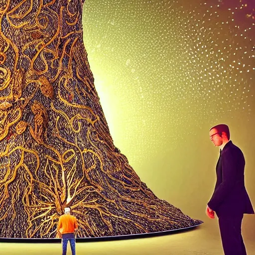 Image similar to a human man standing next to a cosmic tree, a sense of awe, amazement, monogon, plasma display, damascus, multiscopy, morph, in a symbolic and meaningful style, insanely detailed and intricate, hypermaximalist, elegant, ornate, hyper realistic, super detailede