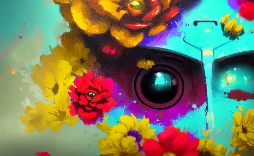 Image similar to close up of a beautiful flower with robot eyes in the middle maximalist bold colors by Greg rutkowski