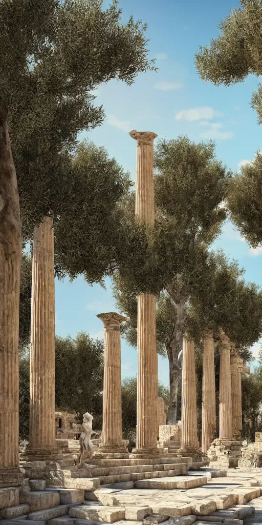 Image similar to ancient greek city, sunny day, olive trees, houses and temples, marble columns, by ilya kuvshinov, rtx rendering, octane render 1 2 8 k, maya, extreme high intricate details by tom bagshaw, medium shot, composition by sana takeda, lighting by greg rutkowski