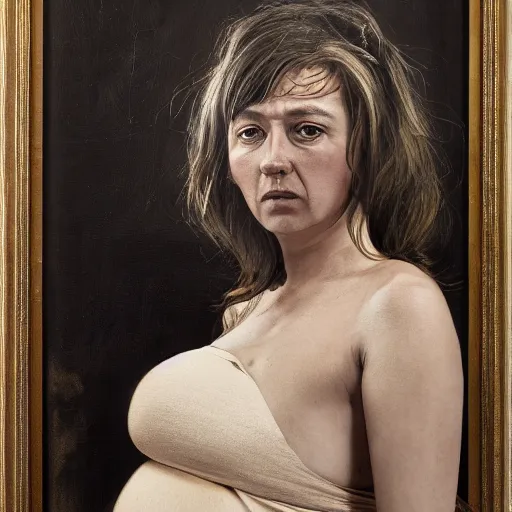 Image similar to Full-length portrait of a pregnant woman in besieged Leningrad, dramatic art by Irina French, 8k, hyperrealism, sharp focused