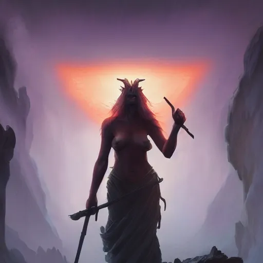 Prompt: cinematic shot of a demon goddess after a battle field collecting souls and dead bones atmosferic apocalyptic retro foggy atmosferic casper david friedrich raphael lacoste vladimir kush leis royo bruce pennington volumetric light effect broad light oil painting painting fantasy art style sci - fi art style realism artwork unreal engine