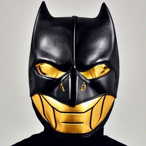 Prompt: luxury crocodile leather batman mask with golden seams, luxury item showcase, studio lighting