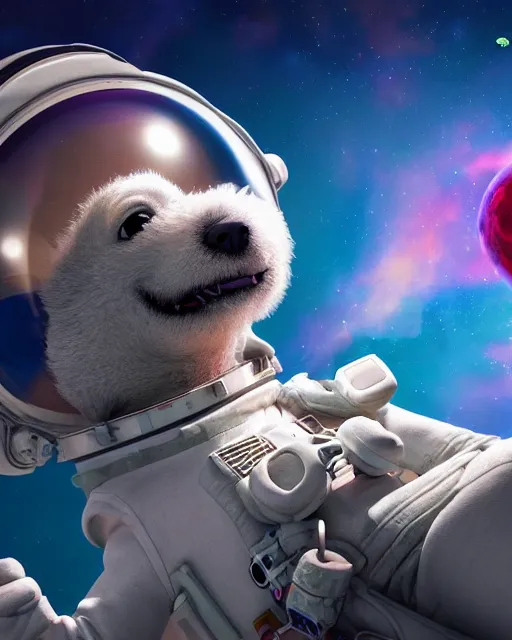 Image similar to Happy Astronaut Dog discovers The Planet of Bones, whimsical render, Pixar animation, movie still, 4k, 3d render, bold colors, wide angle