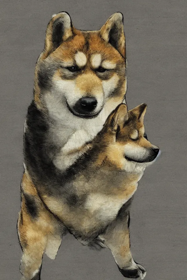 Prompt: a portrait of a shiba inu, in the style of yoji shinkawa artistic, highly detailed