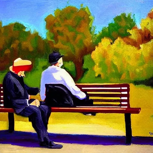 Prompt: man sitting on park bench next to the grim reaper peaceful oil painting by Earl Moran sunny afternoon