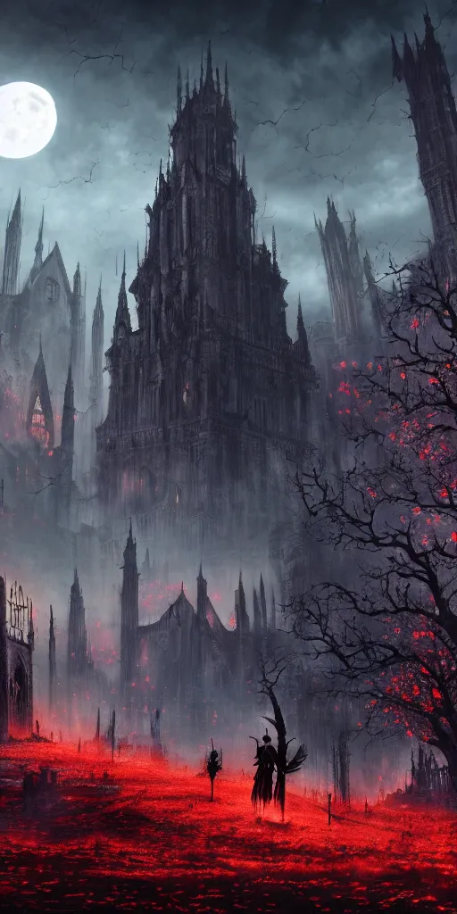 Image similar to populated bloodborne old valley with a dark person at the centre and a ruined gothic city in the background, trees and stars in the background, falling red petals, epic red - orange moonlight, perfect lightning, wallpaper illustration by niko delort and kentaro miura, 4 k, ultra realistic