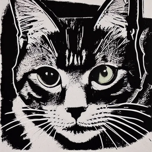 Image similar to a screen print of a cat by Andy Warhol