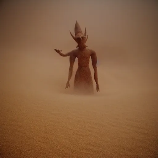 Prompt: genie demon in a sandstorm, grainy nature photograph