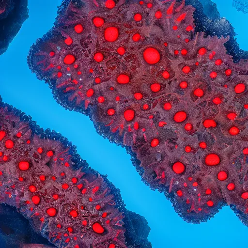 Prompt: Crimson city under translucent azure dome on dozens of cystisoma legs, under water, soft light, 8k, high detail