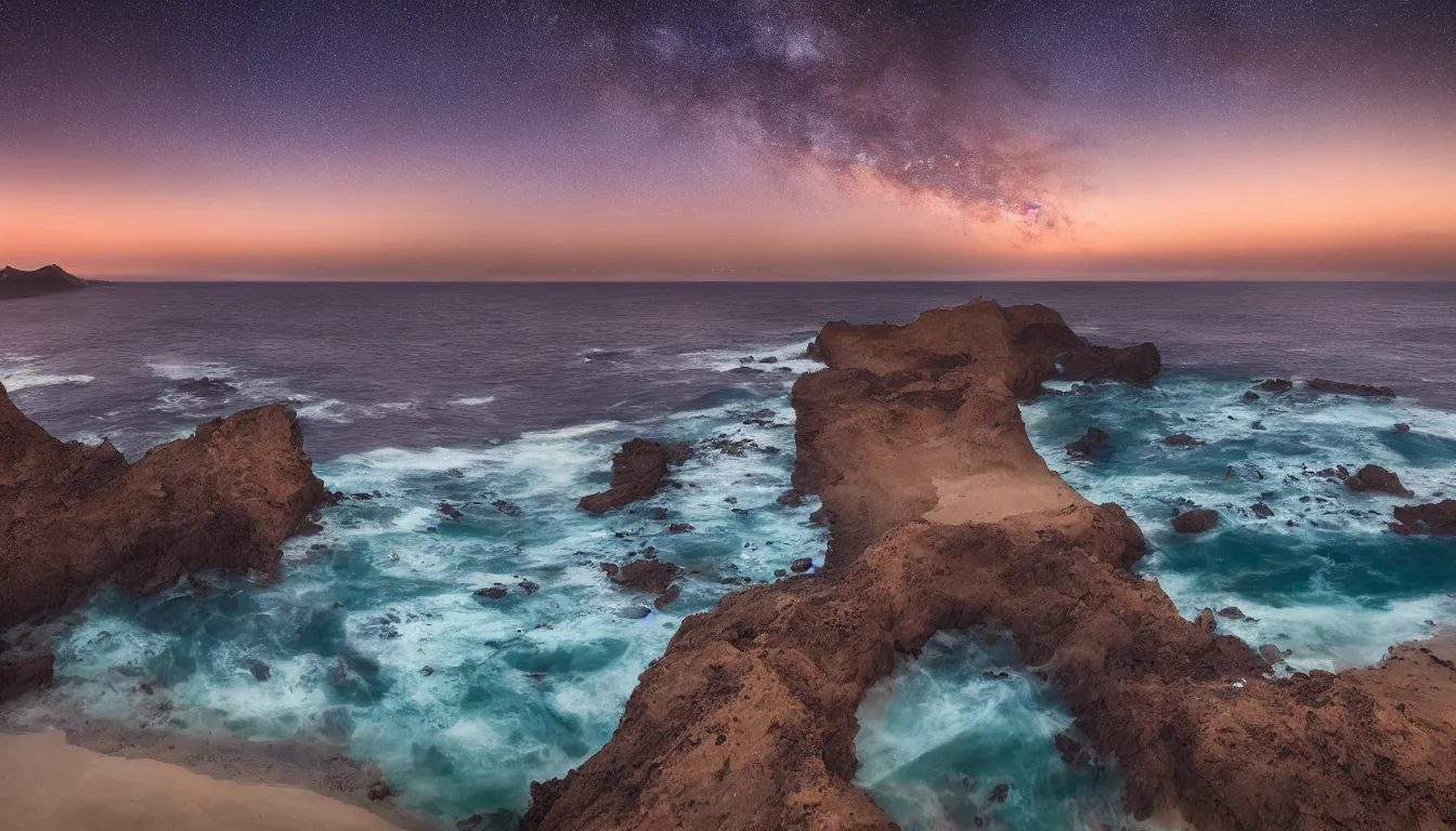 Image similar to coast of Lima, Peru at dusk with a Milky Way sky photographed in 4K, photorealistic