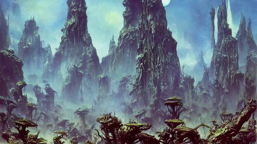 Image similar to surreal eerie alien planet empire with strange biomechanical plants by frank frazetta and bruce pennington, cinematic matte painting