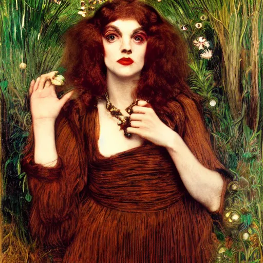 Image similar to portrait of a hybrid of judy garland and lady gaga with marfan syndrome, with a brown fringe, holman hunt, john william waterhouse, kilian eng, rosetti, john everett millais, william holman hunt, 4 k