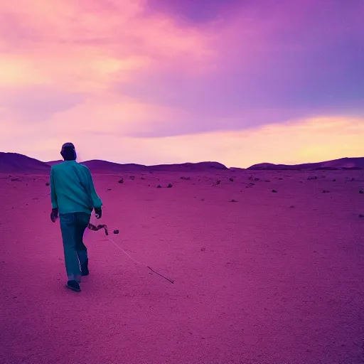 Image similar to a man with a fish head walking in the desert under a purple sky