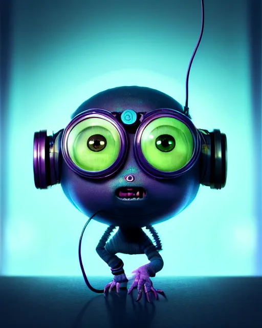Prompt: a tiny cute cyberpunk monster with goggles cables cords buttons big eyes smiling waving, back view, isometric 3 d, ultra hd, character design by mark ryden pixar hayao miyazaki, unreal 5, daz, hyperrealistic, octane render, cosplay, rpg portrait, dynamic lighting, intricate detail, direct sun light, cinematic, symmetrically isometrically centered