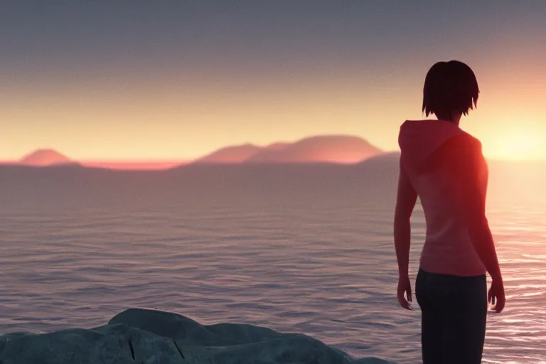 Prompt: a photo of max caulfield watching sunset on the sea, hyperrealistic, cinematic, 8 k, highly detailed, ue 5