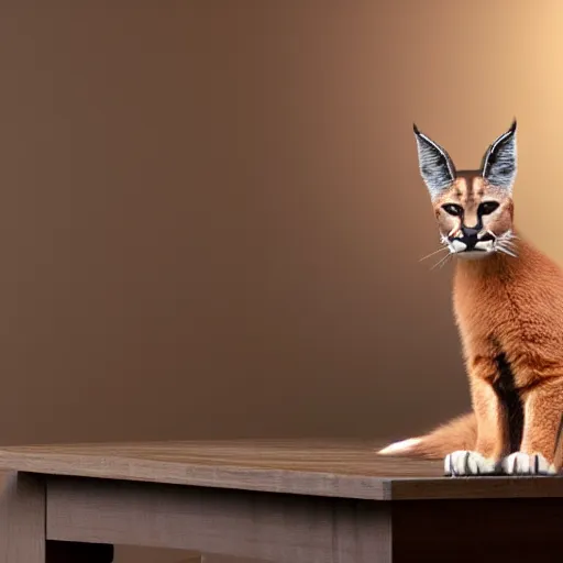 Prompt: wide-angle photo of cute caracal sitting on a wooden chair in a room, fire at background, octane render, 3d, 8k, hd, studio light