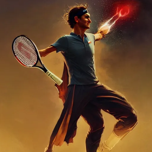 Image similar to roger federer as a hero, picture by greg rutkowski, dynamic pose, intricate, futuristic, fantasy, elegant, by stanley artgerm lau, greg rutkowski, thomas kindkade, alphonse mucha, loish, norman rockwell,