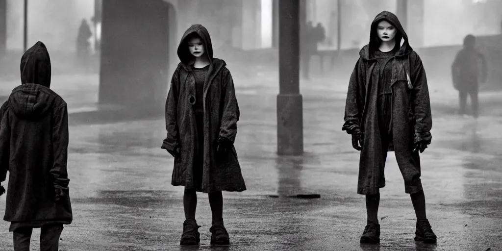 Image similar to sadie sink in hoodie offers closed umbrella to pedestrian in ruined square, pedestrians ignore her : grainy b & w 1 6 mm film, 2 5 mm lens, single long shot from schindler's list by steven spielberg. cyberpunk, steampunk. cinematic atmosphere and composition, detailed face, perfect anatomy