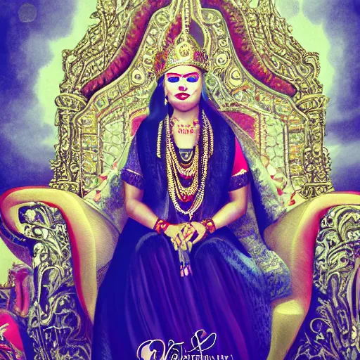 Image similar to the queen of india sitting on a throne, detailed face with red lips, blue eyes and large forehead, moody atmosphere, digital art, highly detailed, high contrast, beautiful lighting, award winning, trending on art station, photorealistic, 8 k,