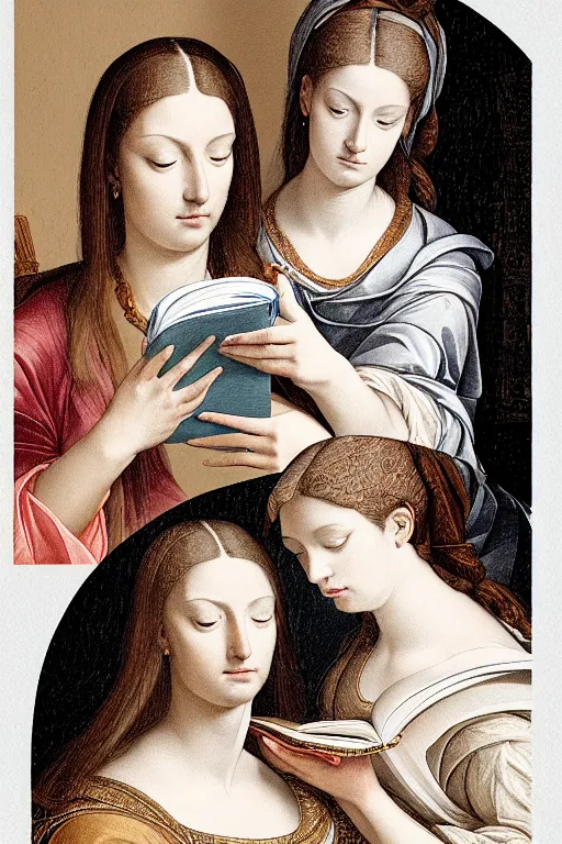 Image similar to portrait of two wise and very beautiful women reviewing some texts, art by tiziano, intricate, elegant, highly detailed, smooth, sharp focus, artstation