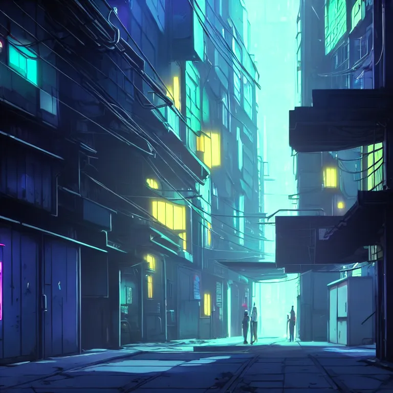 Image similar to city alleyway in the atmospheric cyberpunk anime film, gouache matte background painting, neon noir, at night with lights, by makoto shinkai, in the anime series ergo proxy, beautiful specular edge highlights and rim lighting