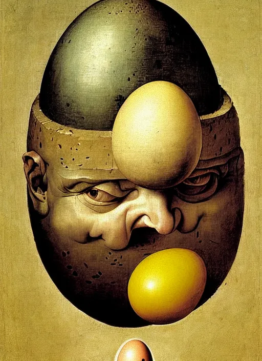 Image similar to portrait of an egg with humpty dumpty silly facial expressions, realistic, by hieronymus bosch, pieter brueghel, greg rutkowski