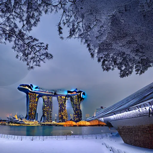 Prompt: a beautiful photograph of Singapore in snow