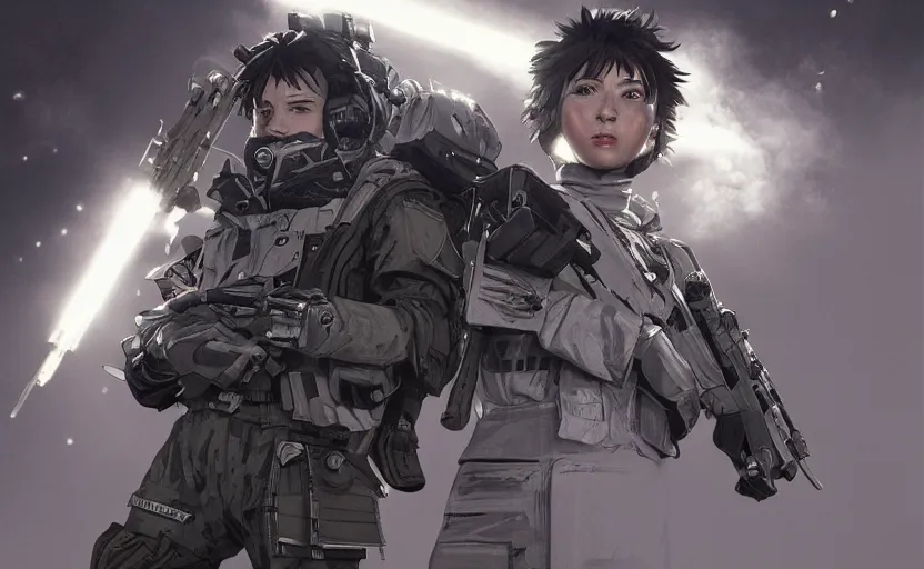 Image similar to highly detailed, high resolution, character design art, stunning, volumetric lightning, realistic guns, modern warfare style, matte, sharp focus, intricate, 150mm, illustration, artstation, by kuvshinov ilya, realistic human anatomy, simple design, realistic military gear, from royal space force the wings of honnêamise movie