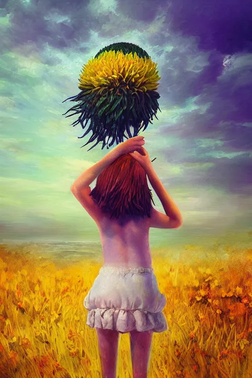 Image similar to closeup giant dahlia flower head, girl standing on beach, surreal photography, blue sky, sunrise, dramatic light, impressionist painting, digital painting, artstation, simon stalenhag