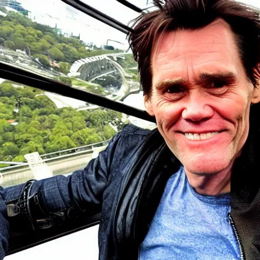 Prompt: jim carrey on a cablecar