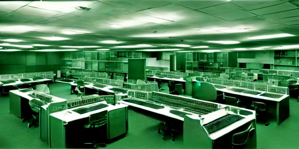 Image similar to a large 1970's computing room with 9-track machines and green glowing screens. by IBM by Amdahl.