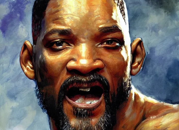 Image similar to a highly detailed beautiful portrait of will smith as kratos, by gregory manchess, james gurney, james jean