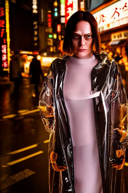 Prompt: Kodak Portra 400, 8K, highly detailed, wachowski 3/4 extreme closeup portrait, clear eyes, focus on britt marling as blade runner replicant in clear transparent raincoat, tilt shift zaha hadid style background: famous blade runner remake, tokyo izakaya scene