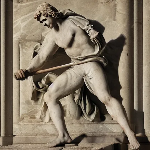 Prompt: a marble statue of a man swinging a shovel like a sword, renaissance style