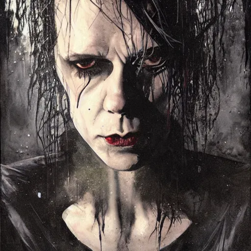 Prompt: gaunt ( the cure fan ) as dream from sandman, sadness, by jeremy mann, by cedric peyravernay, by ben templesmith, by dave mckean and richard avedon, dramatic lightning, dark eye sockets, closed eyes, black t - shirt, 1 9 8 0's, punk rock, gothic, the cure, high detailed, 8 k