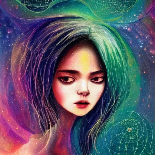 Image similar to beautiful detailed artistic portrait of a person travelling between different astral planes. the universe observing itself. grainy and rough. fine detail. soft colour scheme. artistic painting by lurid ( 2 0 2 2 ). featured on deviantart.